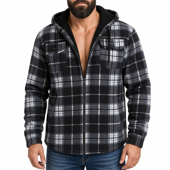 Regular Fit Sherpa Lined Hooded Plaid Shirt Jacket Black White Plaid 1