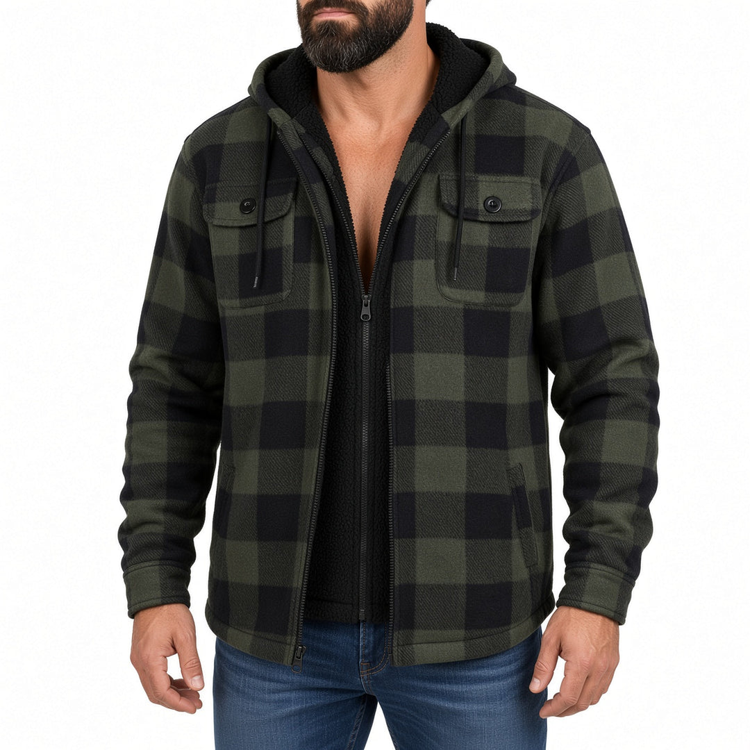 Regular Fit Sherpa Lined Hooded Plaid Shirt Jacket Green Plaid 1