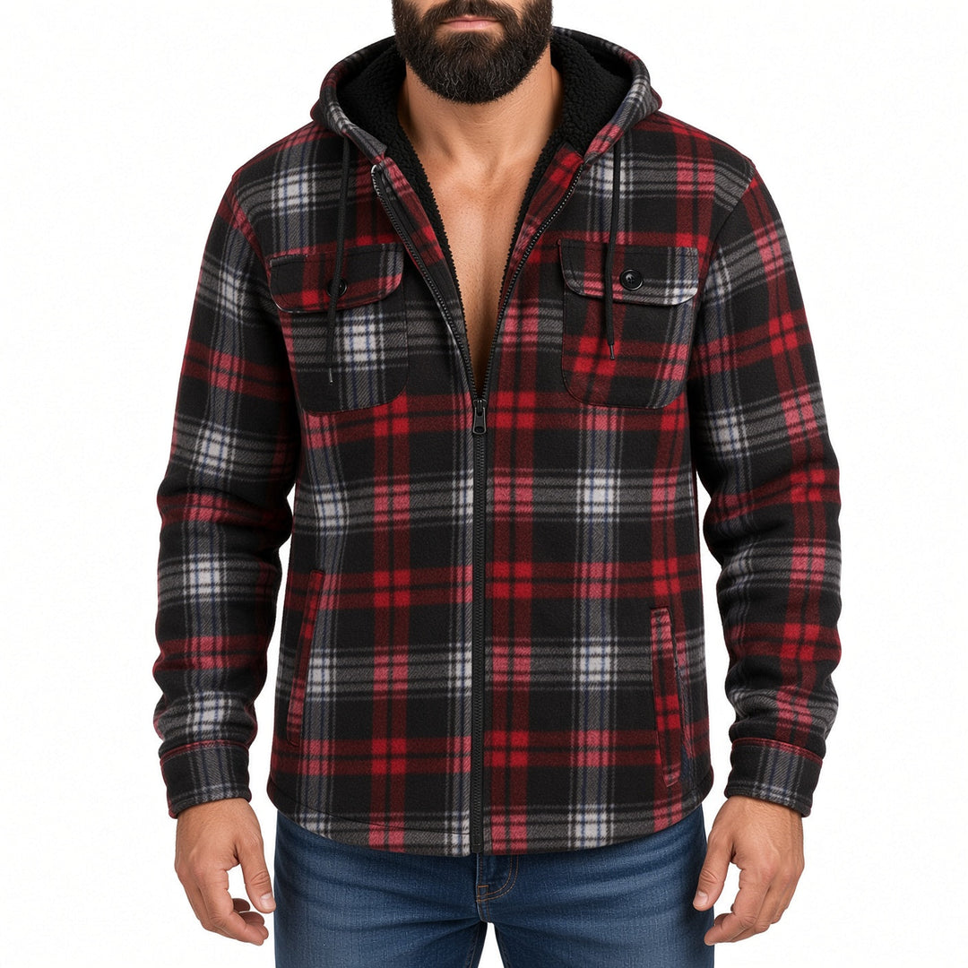 Regular Fit Sherpa Lined Hooded Plaid Shirt Jacket Red Plaid 1
