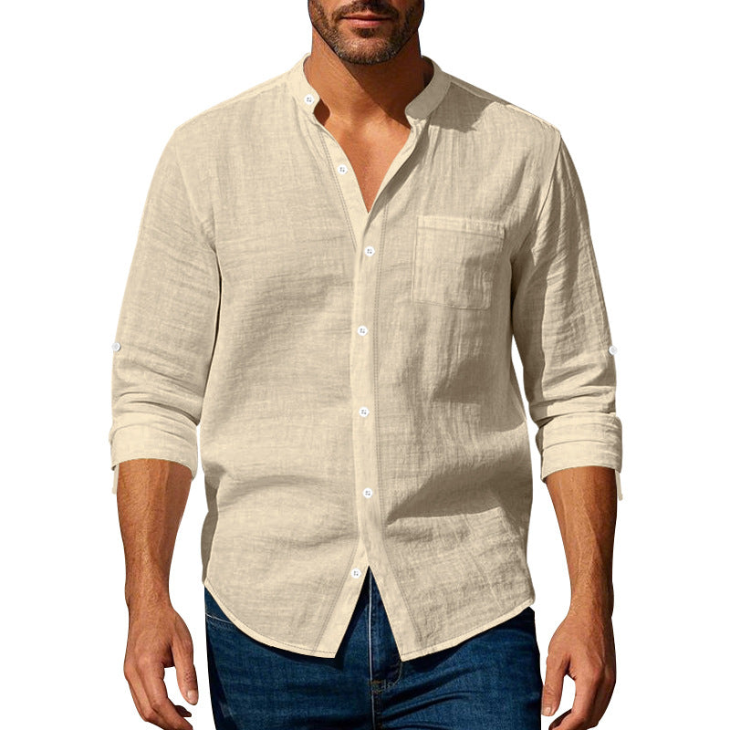 Regular Fit Stand Collar Roll Up Sleeve Shirt Beige 1