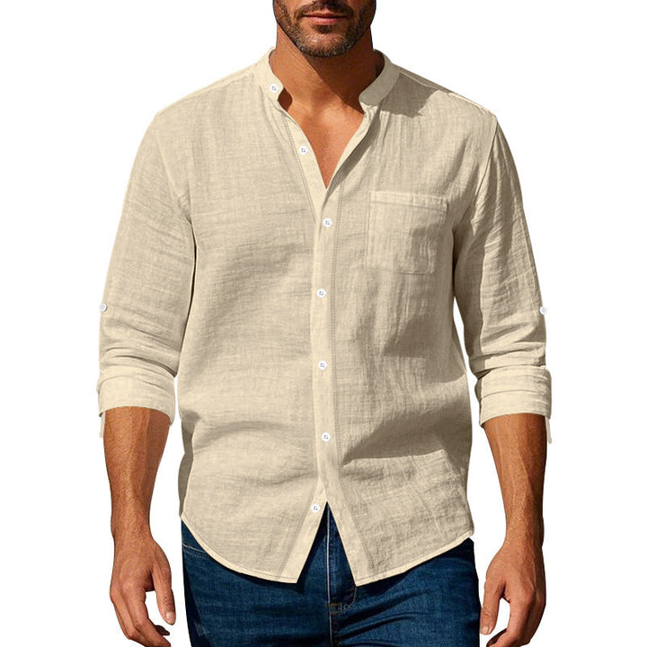 Regular Fit Stand Collar Roll Up Sleeve Shirt Beige 1