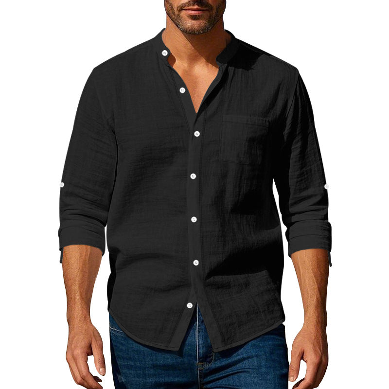 Regular Fit Stand Collar Roll Up Sleeve Shirt Black 1