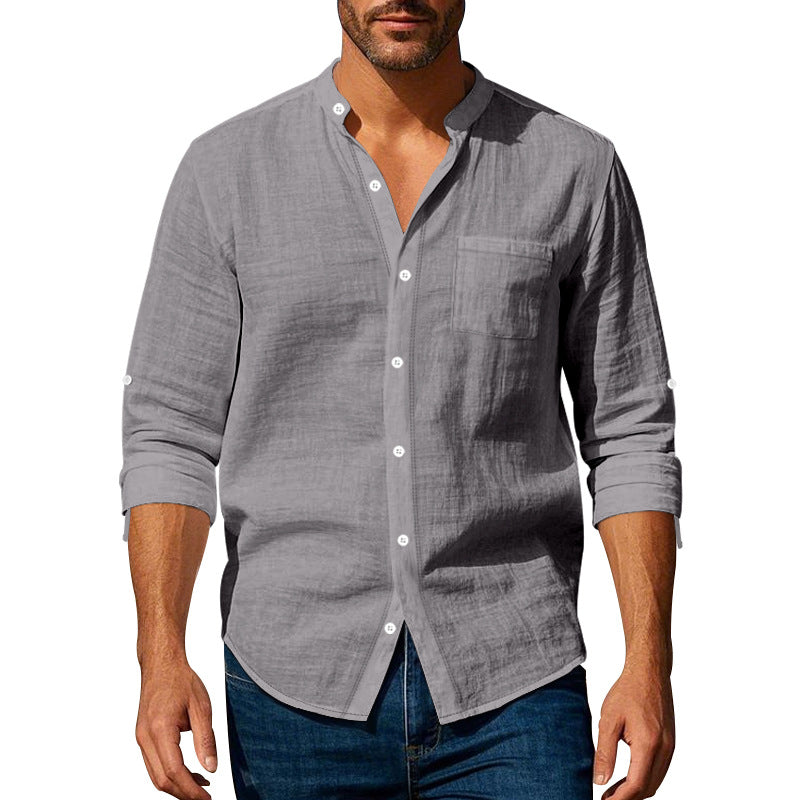 Regular Fit Stand Collar Roll Up Sleeve Shirt Gray 1