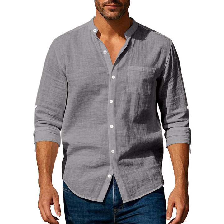 Regular Fit Stand Collar Roll Up Sleeve Shirt Gray 1
