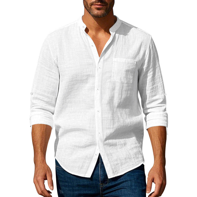 Regular Fit Stand Collar Roll Up Sleeve Shirt White 1