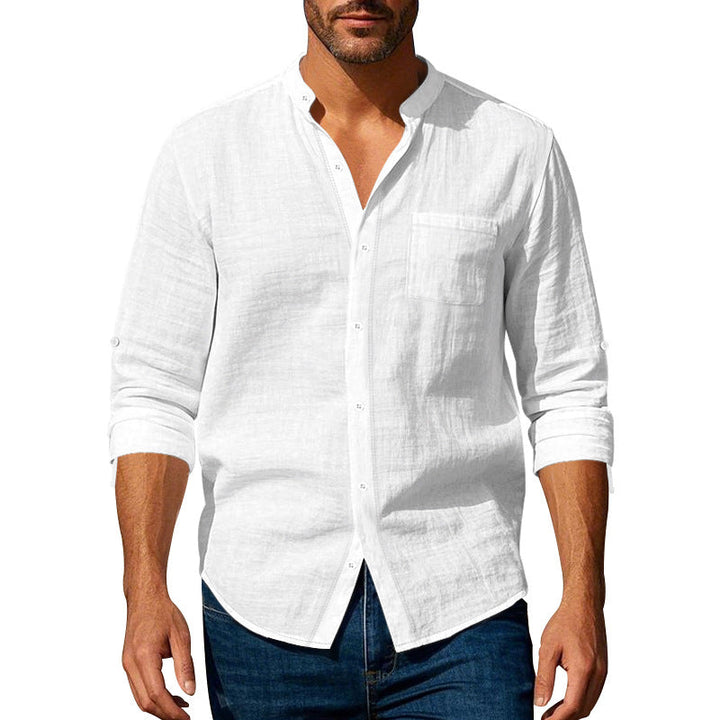 Regular Fit Stand Collar Roll Up Sleeve Shirt White 1