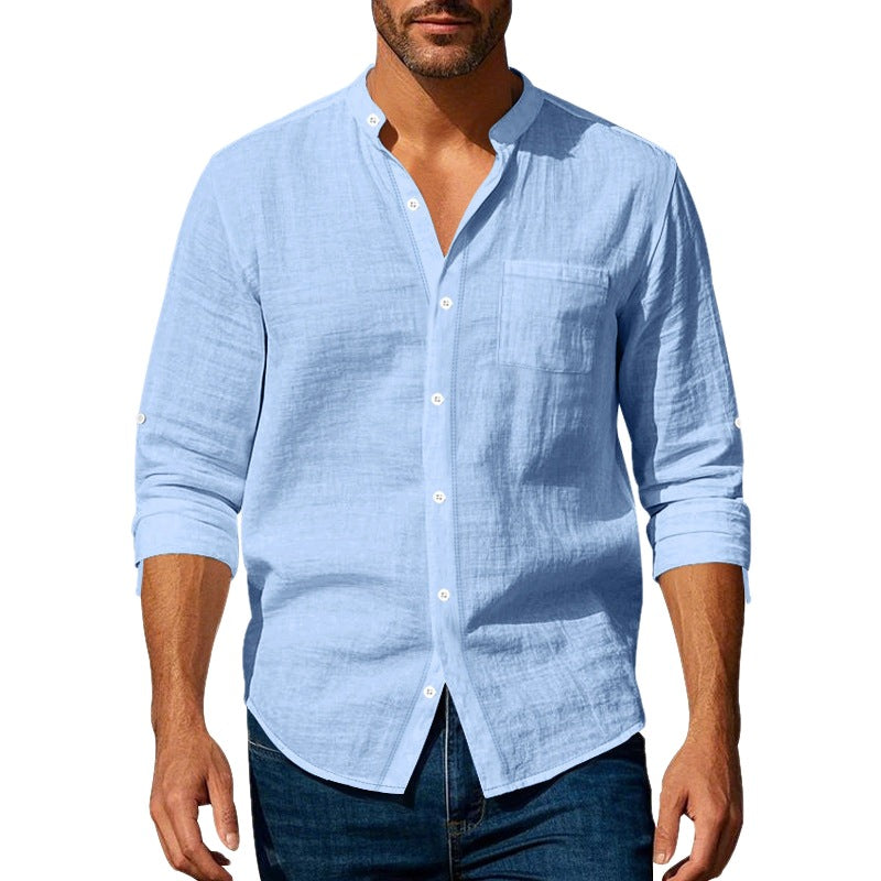 Regular Fit Stand Collar Roll Up Sleeve Shirt on white