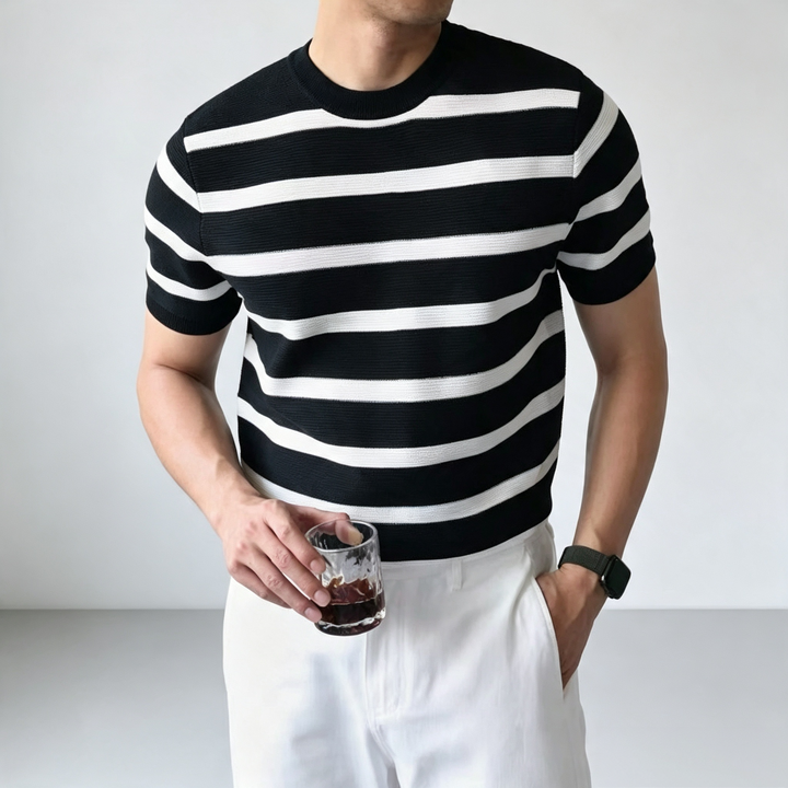 Regular Fit Striped Knit Crew Neck Tee Short Sleeve Black 1