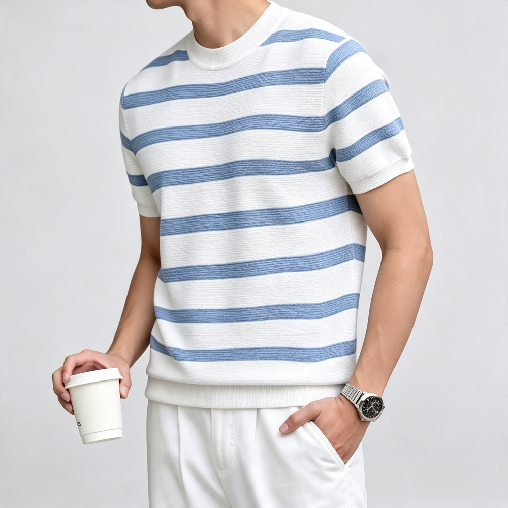 Regular Fit Striped Knit Crew Neck Tee Short Sleeve Light Blue 1