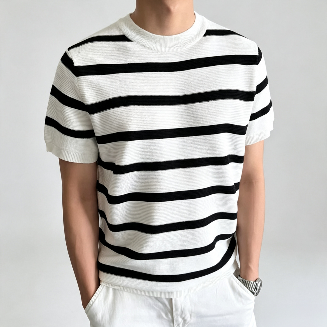 Regular Fit Striped Knit Crew Neck Tee Short Sleeve White 1