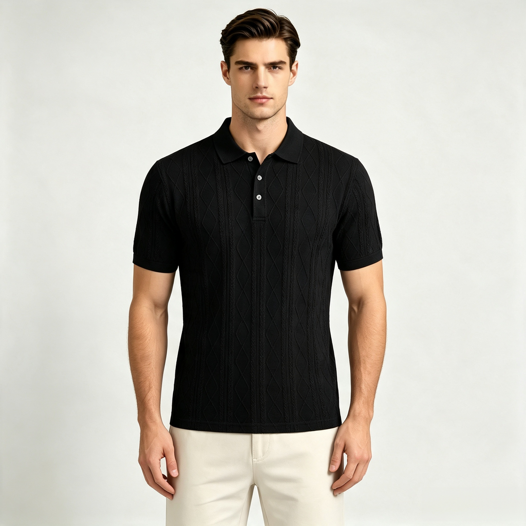 Regular Fit Textured Knit Polo Shirt Short Sleeve Black 1
