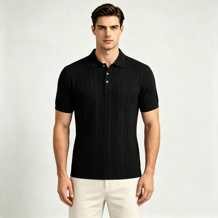 Regular Fit Textured Knit Polo Shirt Short Sleeve Black 1
