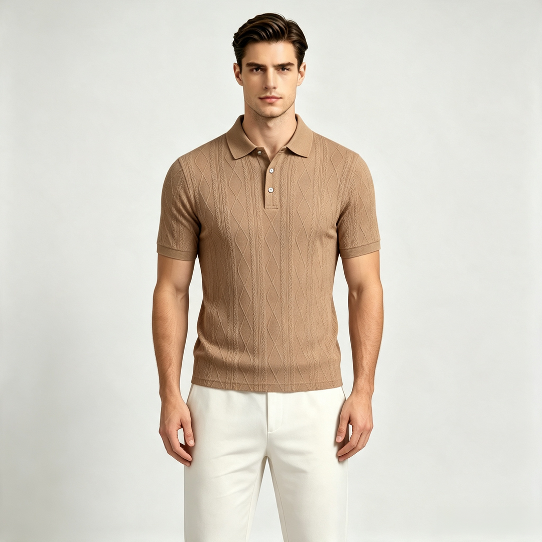 Regular Fit Textured Knit Polo Shirt Short Sleeve Brown 1