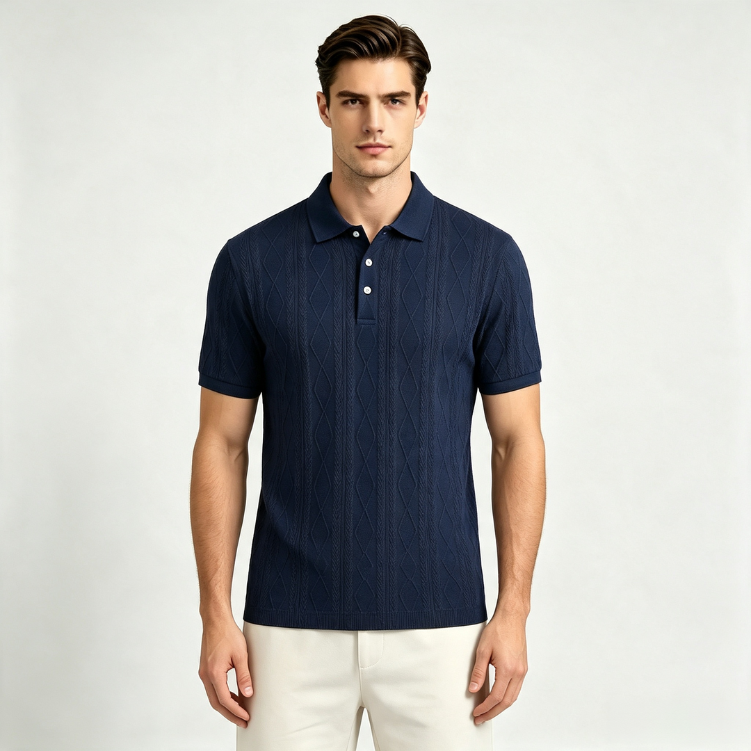 Regular Fit Textured Knit Polo Shirt Short Sleeve Navy 1
