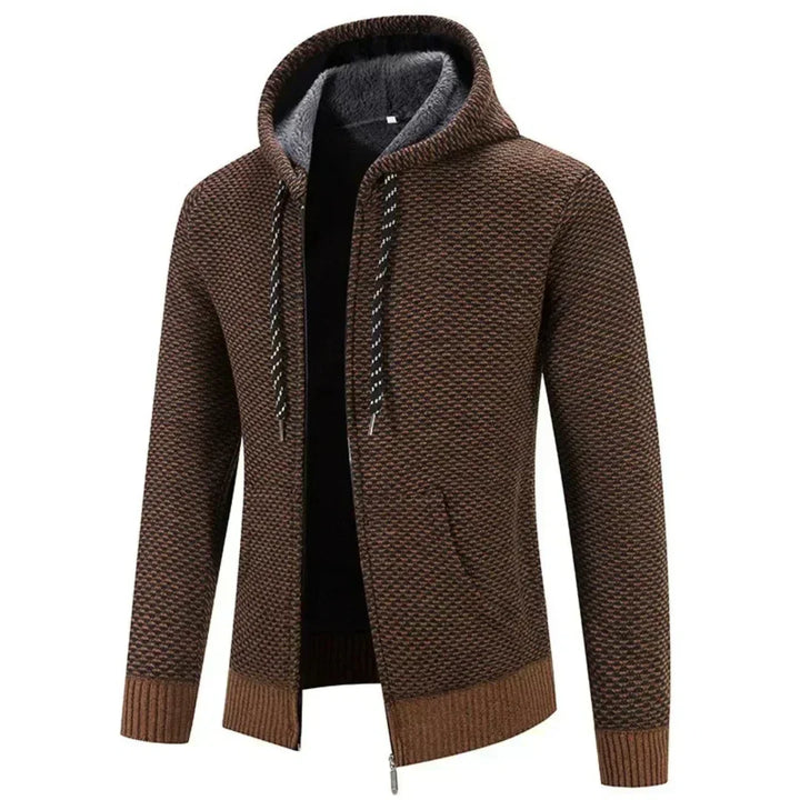 Regular Fit Textured Knit Zip Up Hoodie Brown 1