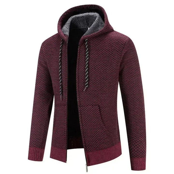 Regular Fit Textured Knit Zip Up Hoodie Burgundy 1