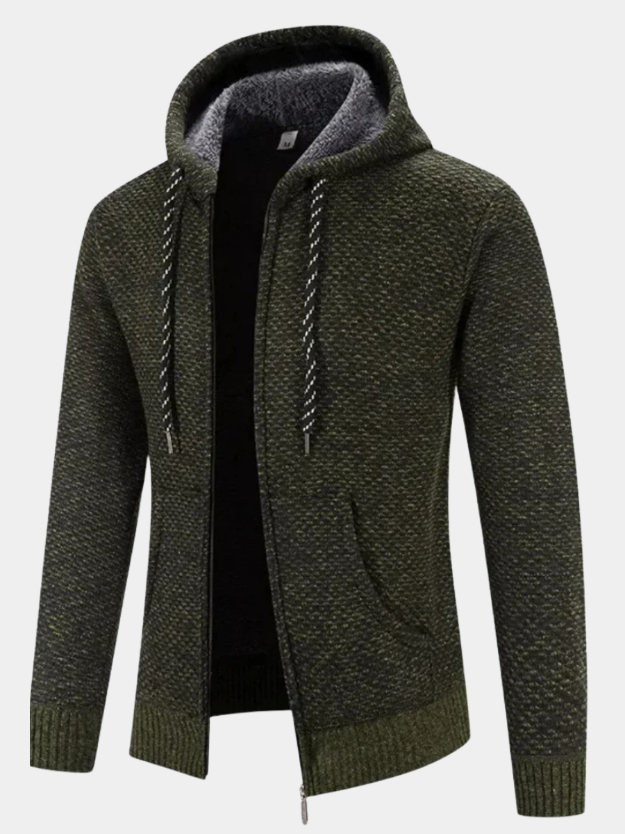 Regular Fit Textured Knit Zip Up Hoodie Olive Green 2