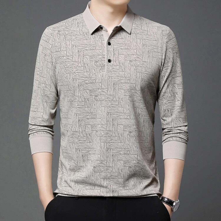 Regular Fit Textured Lapel Collar Long Sleeve Polo Set of 3 Beige 1