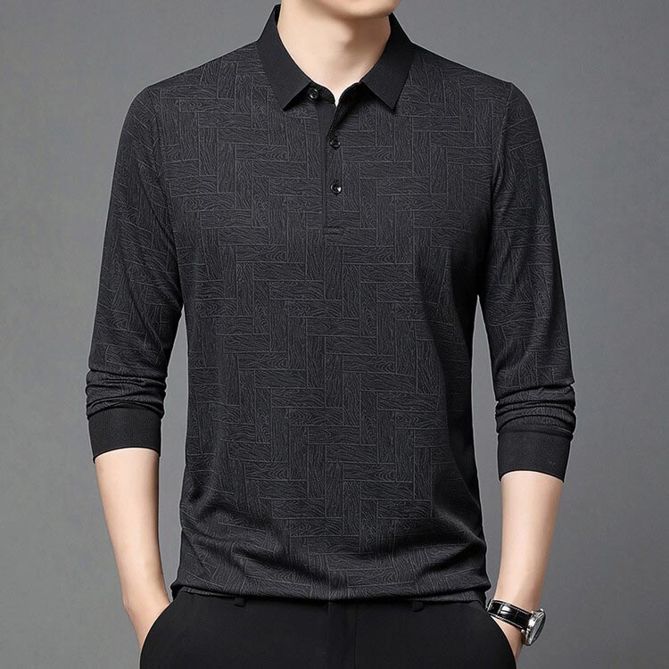 Regular Fit Textured Lapel Collar Long Sleeve Polo Set of 3 Black 1