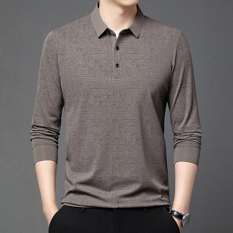 Regular Fit Textured Lapel Collar Long Sleeve Polo Set of 3 Taupe 1