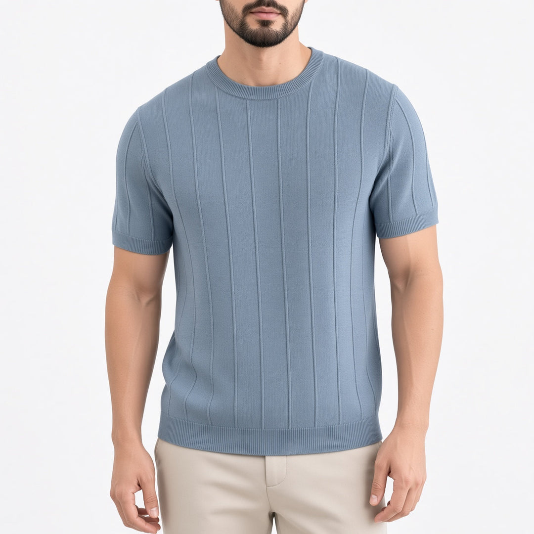 Regular Fit Vertical Rib Textured Crew Neck Tee Set of 3 Light Blue 1
