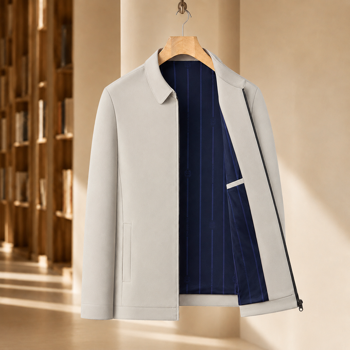 Regular Fit Woven Zip Jacket with Pointed Collar Beige 1