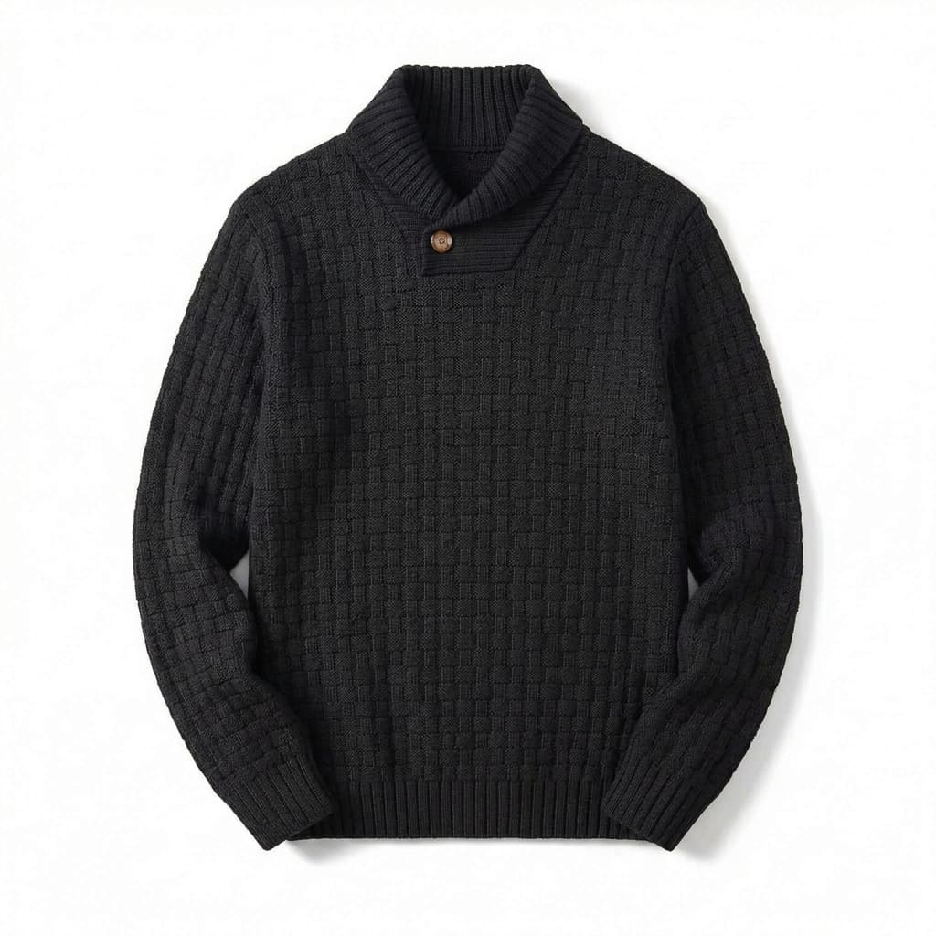 Relaxed Basket Weave Shawl Collar Sweater Black 1