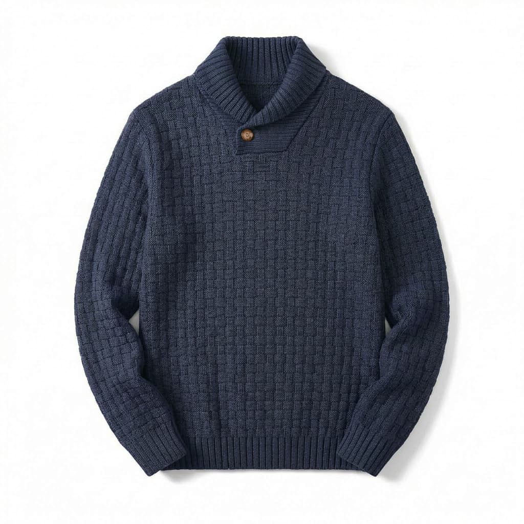 Relaxed Basket Weave Shawl Collar Sweater Navy 1