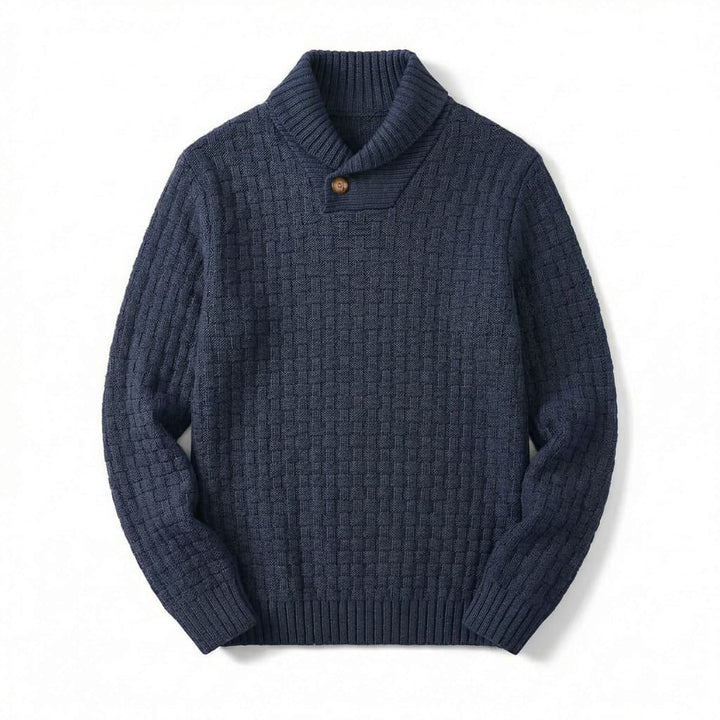 Relaxed Basket Weave Shawl Collar Sweater Navy 1
