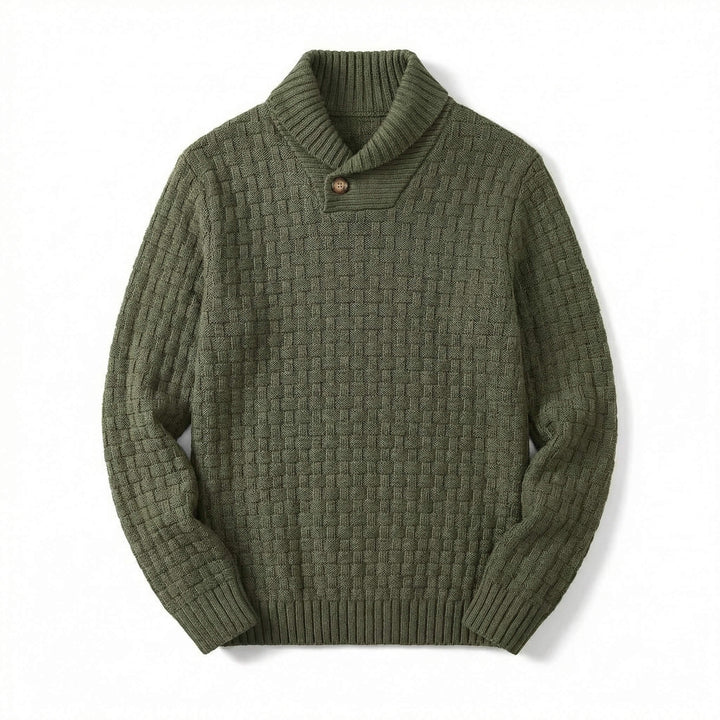 Relaxed Basket Weave Shawl Collar Sweater Olive 1