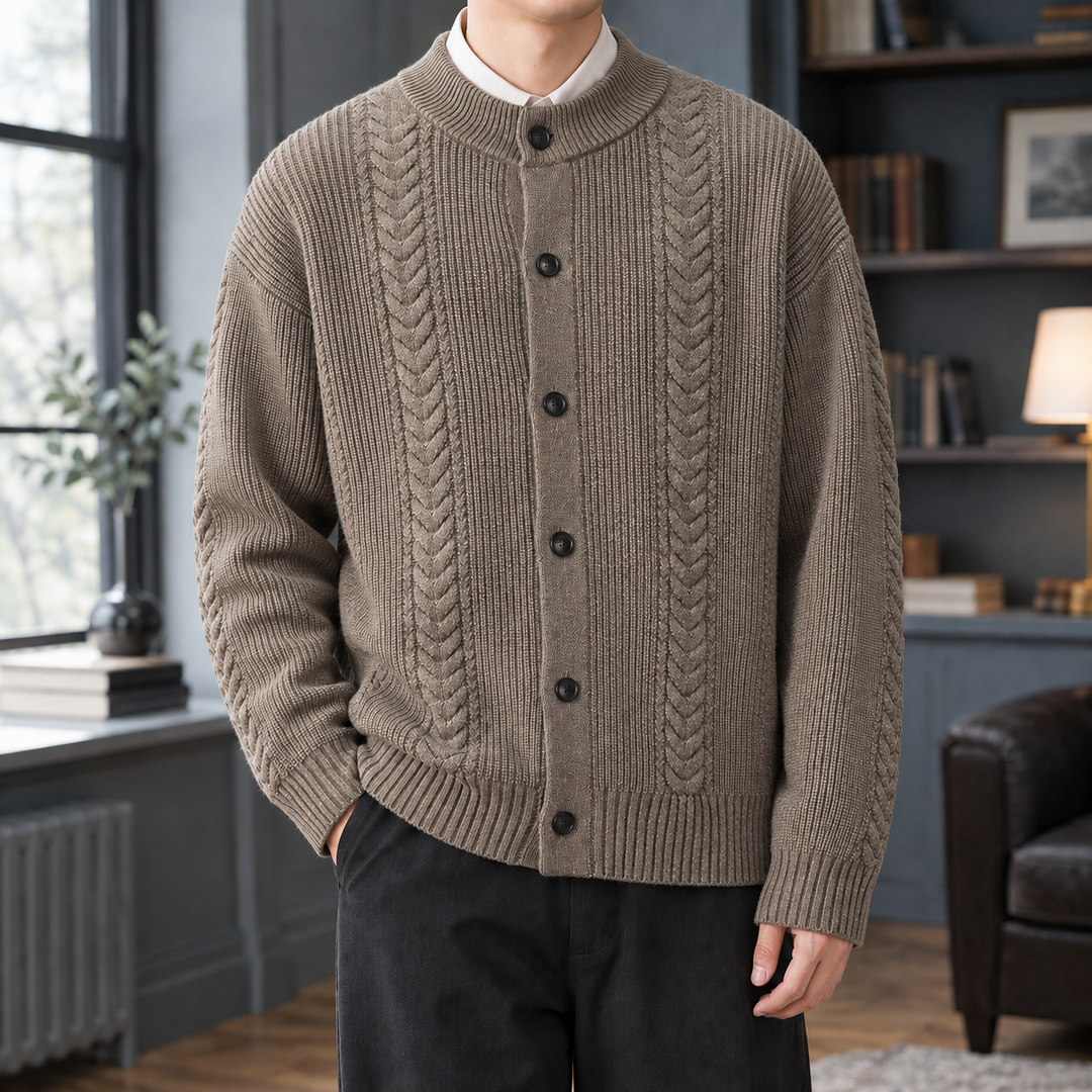 Relaxed Cable Knit Cardigan Button Front Set of 3 Brown 1
