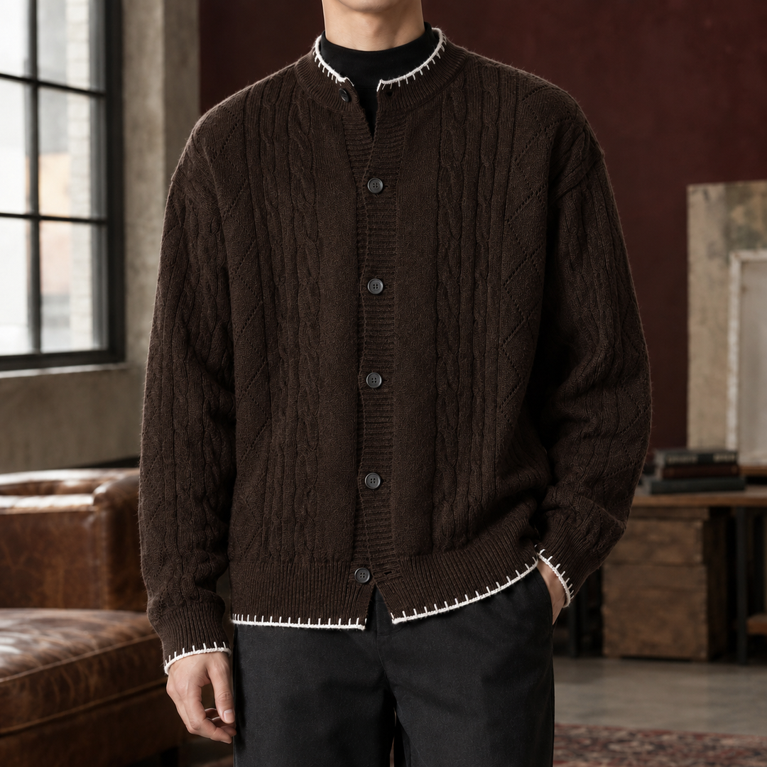 Relaxed Cable Knit Crew Neck Cardigan Contrast Trim Set of 2 Brown 1