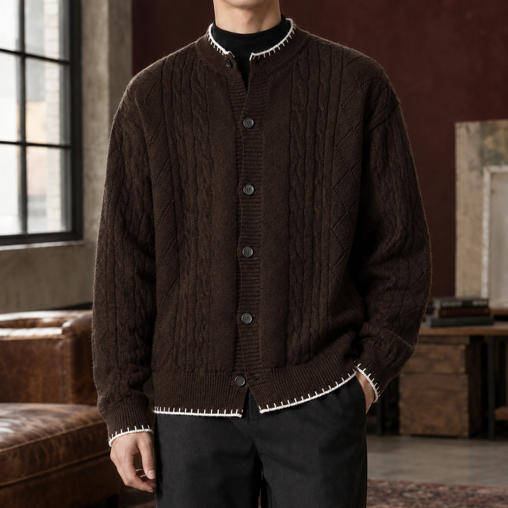 Relaxed Cable Knit Crew Neck Cardigan Contrast Trim Set of 2 Brown 1