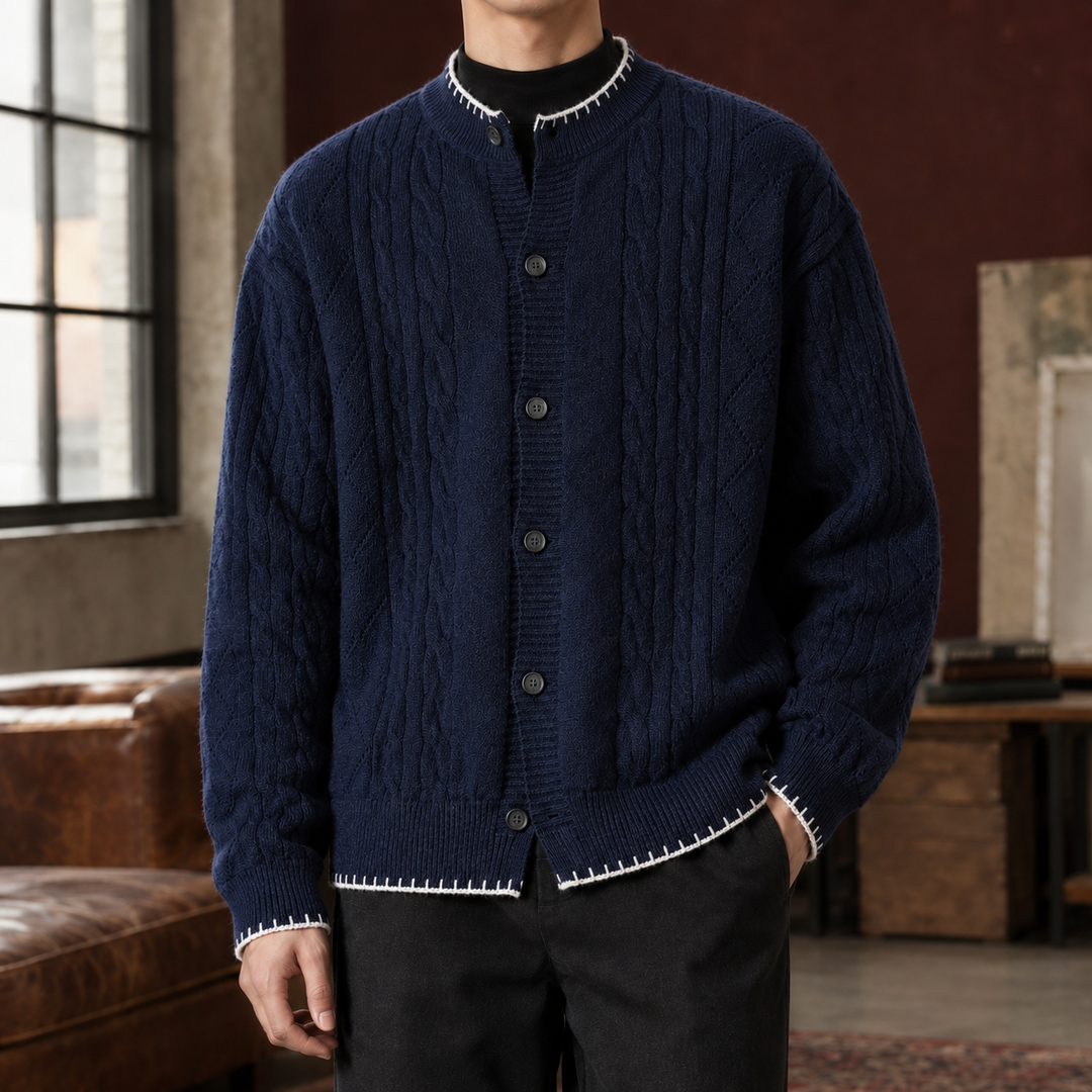 Relaxed Cable Knit Crew Neck Cardigan Contrast Trim Set of 2 Navy Blue 1