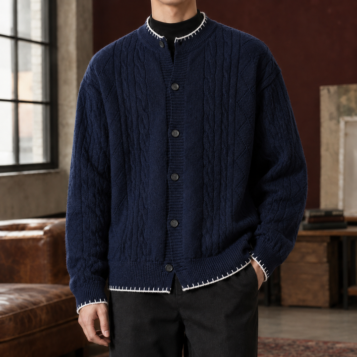 Relaxed Cable Knit Crew Neck Cardigan Contrast Trim Set of 2 Navy Blue 1