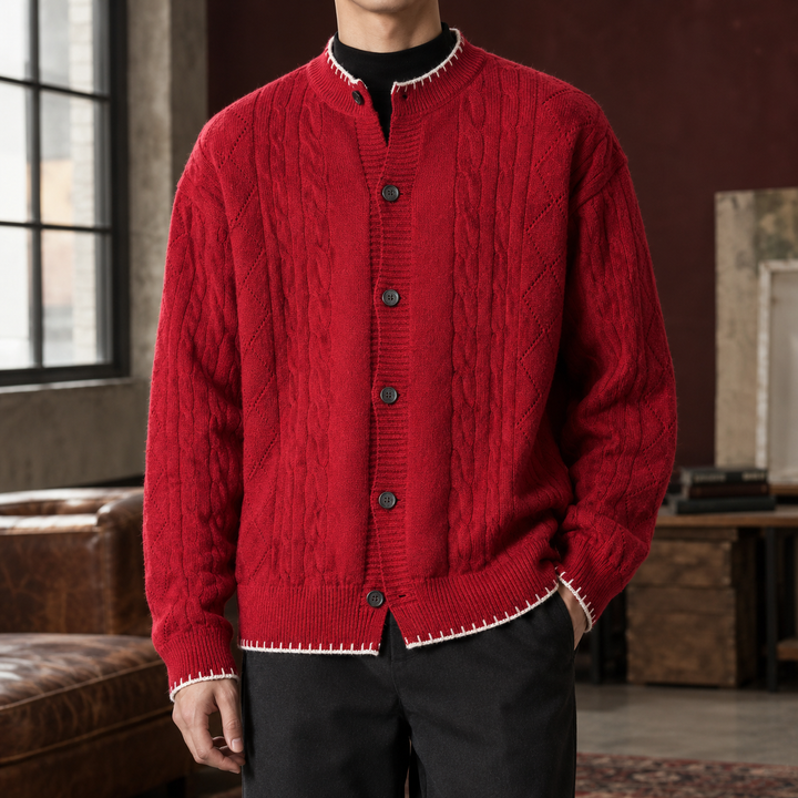 Relaxed Cable Knit Crew Neck Cardigan Contrast Trim Set of 2 Red 1