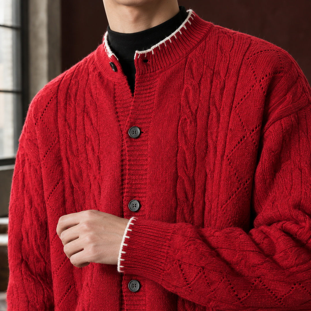 Relaxed Cable Knit Crew Neck Cardigan Contrast Trim Set of 2 Red 2