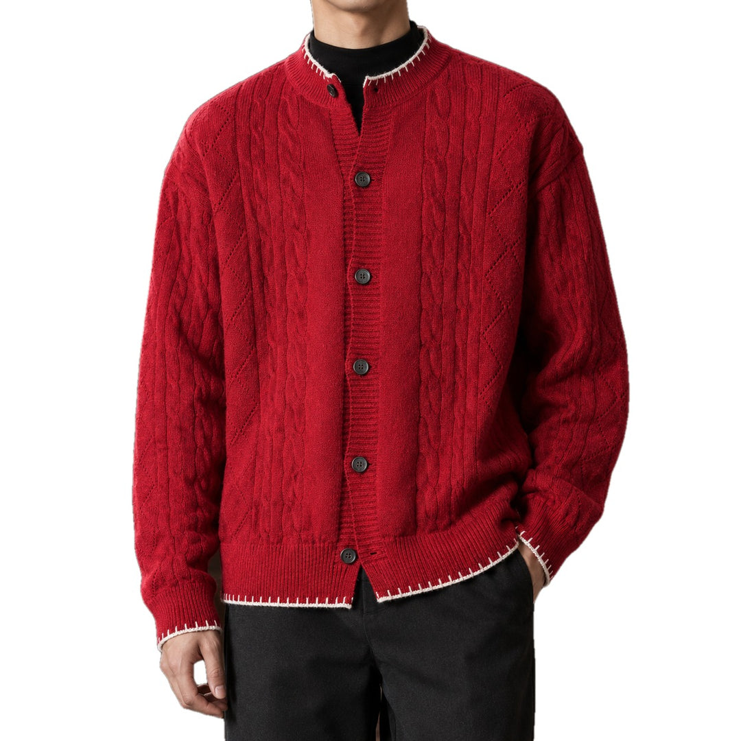 Relaxed Cable Knit Crew Neck Cardigan Contrast Trim Set of 2 on white