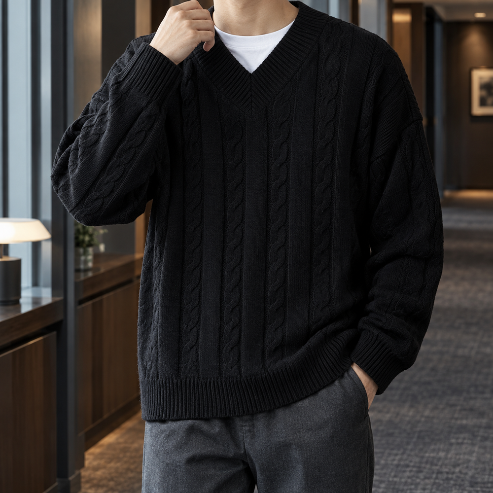 Relaxed Cable Knit V Neck Sweater Set of 3 Black 1