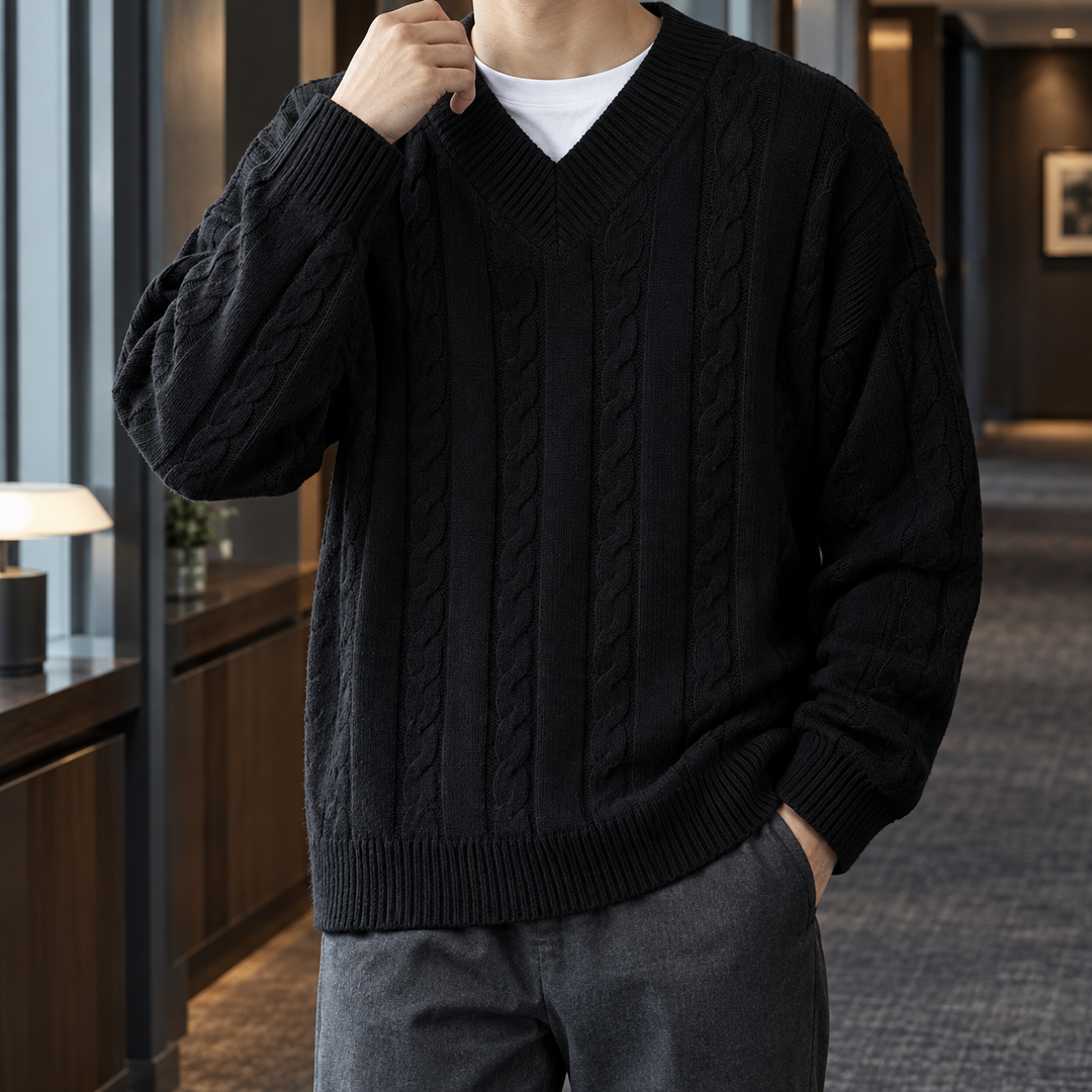 Relaxed Cable Knit V Neck Sweater Set of 3 Black 1
