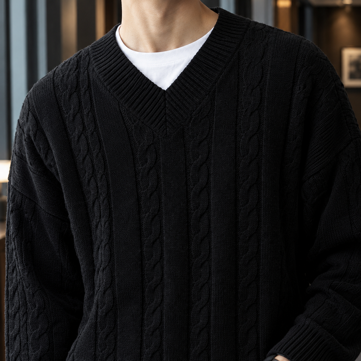 Relaxed Cable Knit V Neck Sweater Set of 3 Black 2