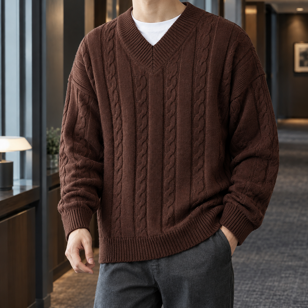 Relaxed Cable Knit V Neck Sweater Set of 3 Brown 1