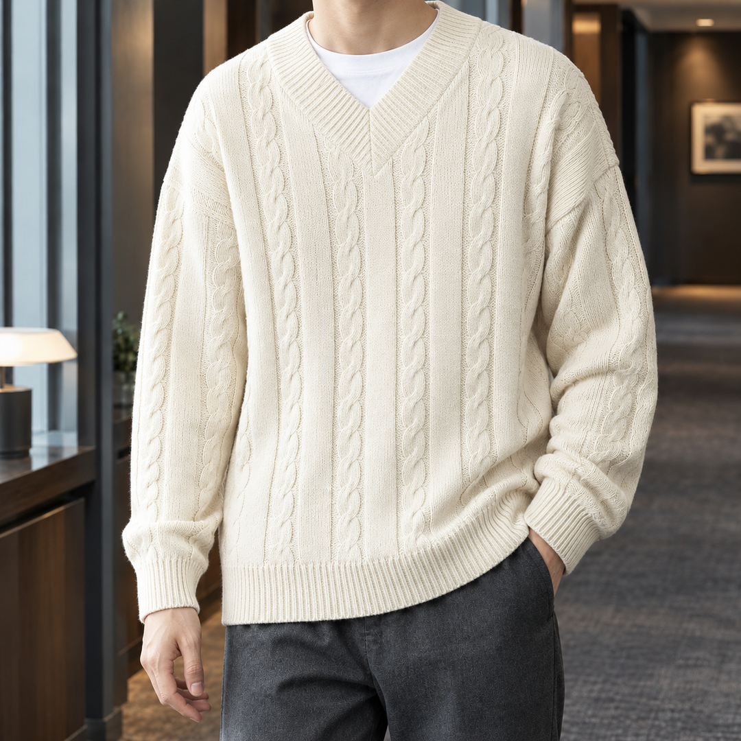 Relaxed Cable Knit V Neck Sweater Set of 3 Cream 1