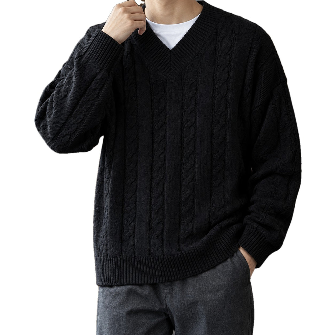 Relaxed Cable Knit V Neck Sweater Set of 3 on white