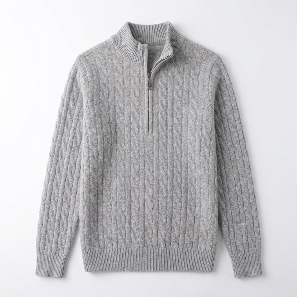 Relaxed Cable Knit Wool Quarter Zip Sweater Set of 2 Light Gray 1