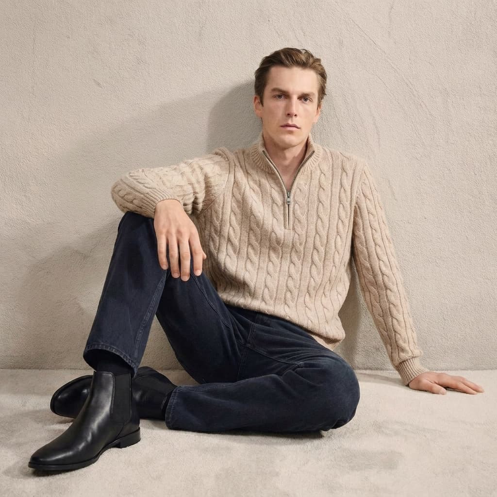 Relaxed Cable Knit Wool Quarter Zip Sweater Set of 2 Oat 3
