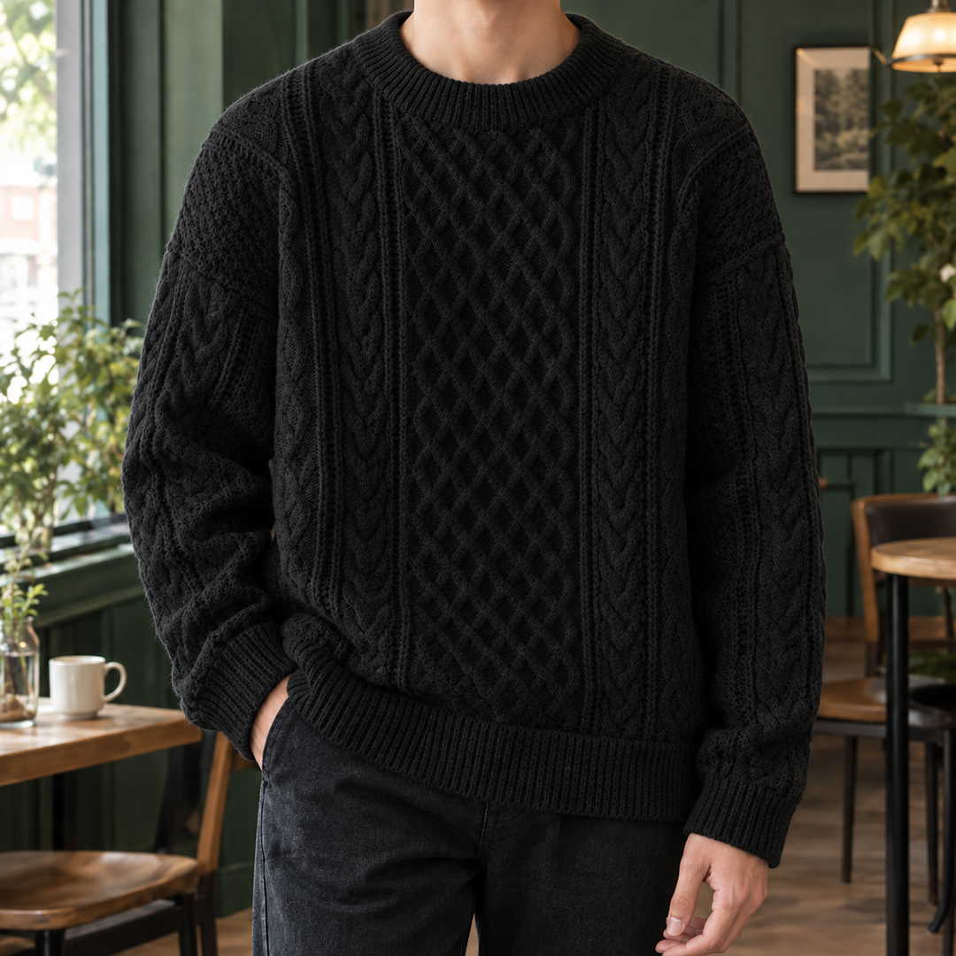 Relaxed Cotton Blend Cable Knit Sweater Set of 2 Black 1