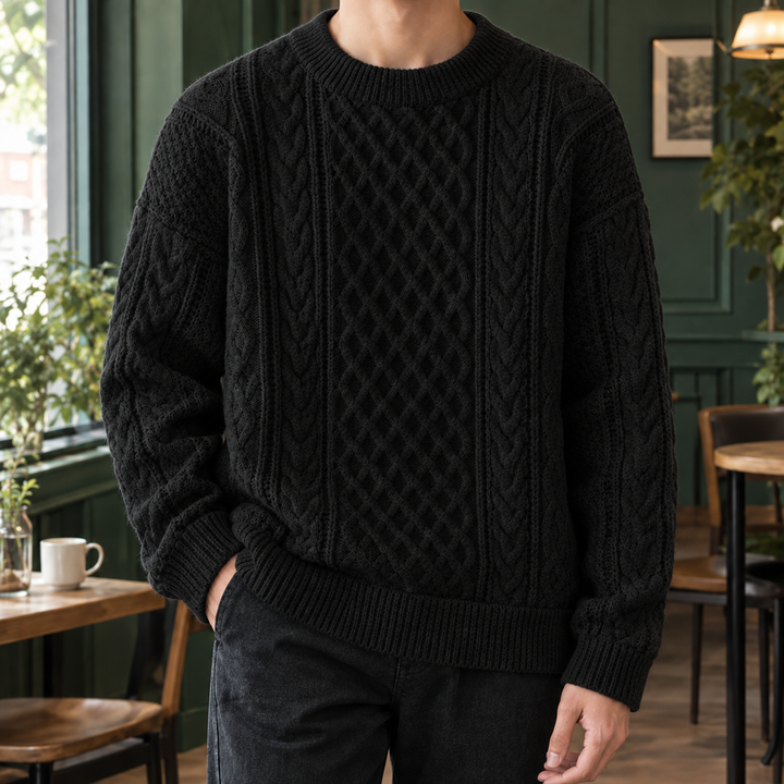 Relaxed Cotton Blend Cable Knit Sweater Set of 2 Black 1