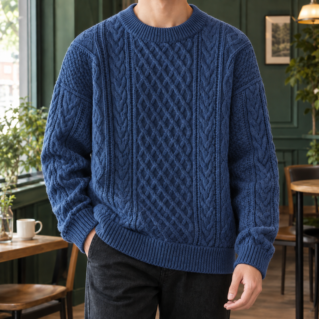 Relaxed Cotton Blend Cable Knit Sweater Set of 2 Blue 1