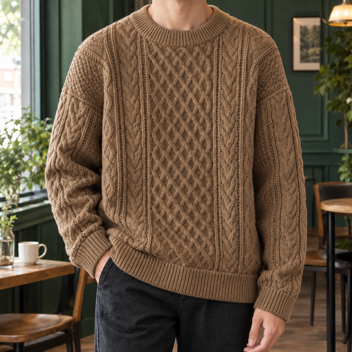 Relaxed Cotton Blend Cable Knit Sweater Set of 2 Camel 1